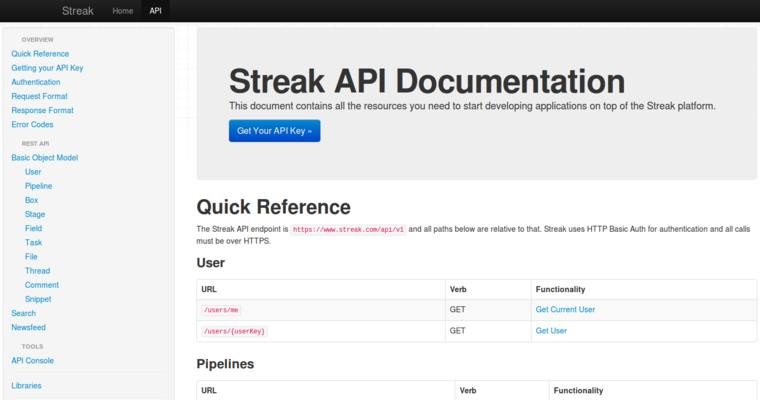 Api page of #12 Best Customer Relationship Management: Streak