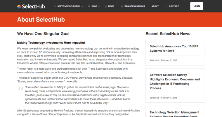 About page of #1 Leading CRM Tools: SelectHub